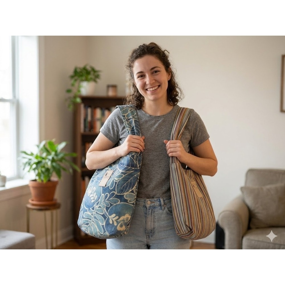 Flipped Bird Blue ReversibleFloral Woven Hobo Shoulder Bag Slouchy Tote